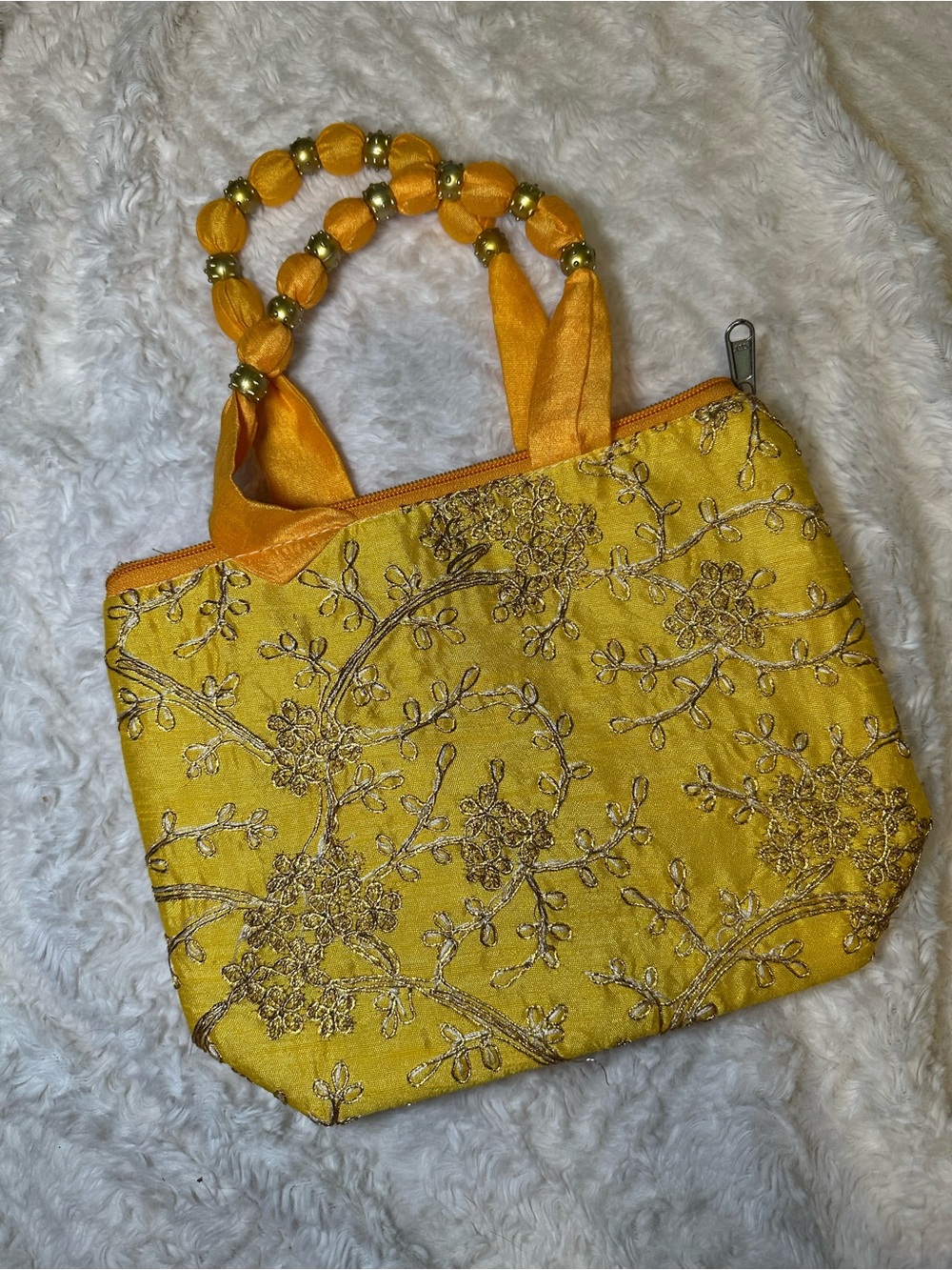 Vintage Yellow Embroidered Beaded Handle Clutch